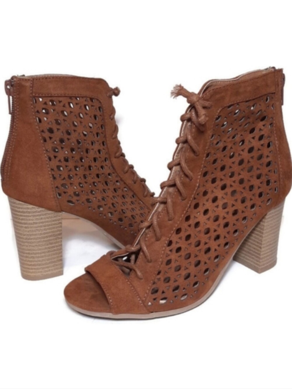 Qupid Faux Suede Open Toe Ankle Bootie Laser Cut Chunky Block Heel Brown Size 7